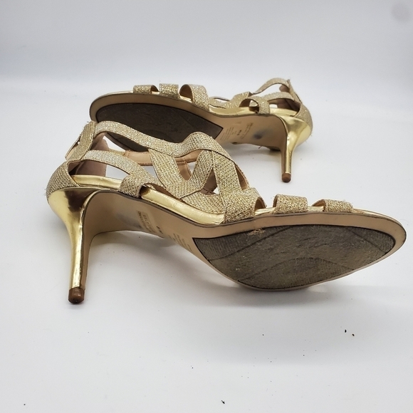 Marc Fisher Nala Leather Gold Shimmer Strappy Metallic Zip Heels Women's 8M - Picture 12 of 15